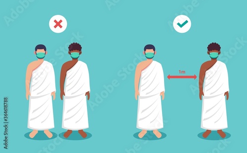 New normal hajj Islamic pilgrimage guide during pandemic covid-19. Flat style vector illustration of muslim characters wearing face mask during pilgrimage to prevent virus spread.