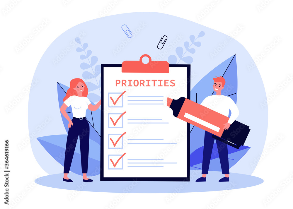 Business people filling out priorities list. Man with felt tip pen drawing check marks in task list, or checklist on notepad, marking checkboxes. Vector illustration for management, planning concept