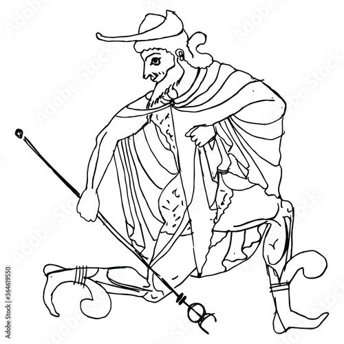 Running ancient Greek god Hermes with caduceus. Hand drawn linear sketch. Black and white silhouette. Isolated vector illustration.