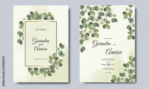  Elegant wedding invitation card with leaves template Premium Vector