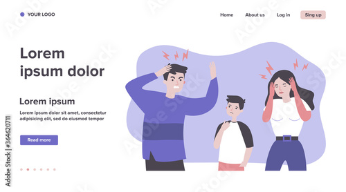 Man and woman tired of migraine. Cartoon people suffering from headache flat vector illustration. Depression and headache concept for banner, website design or landing web page