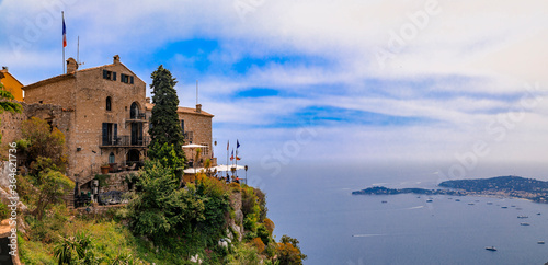 Mediterranean sea and medieval houses in Eze village in France