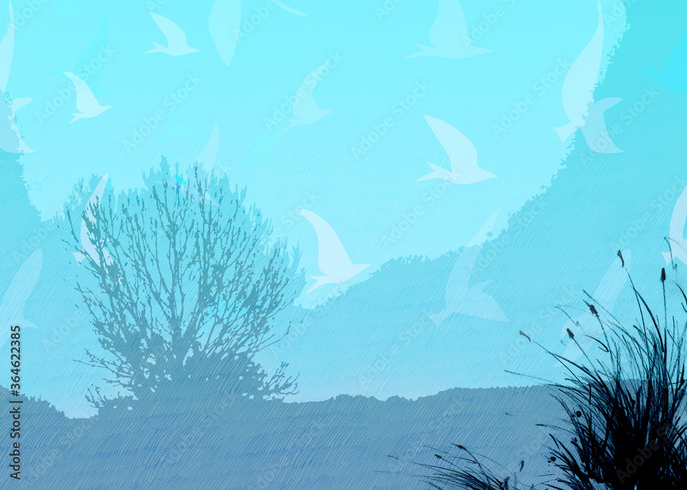 Surrealistic landscape with dry trees and flock of white birds flying. Digital illustration for Concept of Tranquility on Trendy Blue colors. Surrealistic landscape with dry trees and flock of white birds flying. Digital illustration for Concept of Tranquility on Trendy Blue colors.