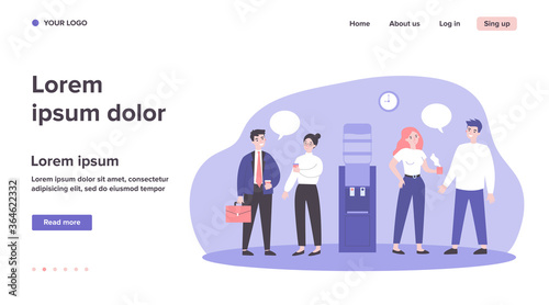 Office colleagues meeting at water dispenser, drinking coffee, discussing gossips . Flat vector illustration for work break, corporate talks and chatting, communication concept