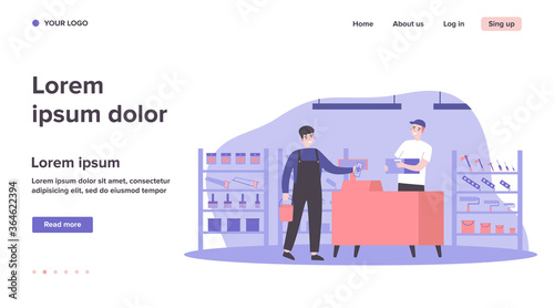 Male customer buying construction tools in store. Man standing at cash register counter and paying cash. Vector illustration for hardware construction shop, building worker, home repair concept