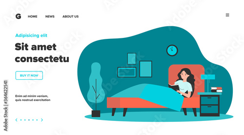Happy woman reading book in bed. Female student studying library textbook before going to sleep. Vector illustration for healthy habit, leisure, literature concept
