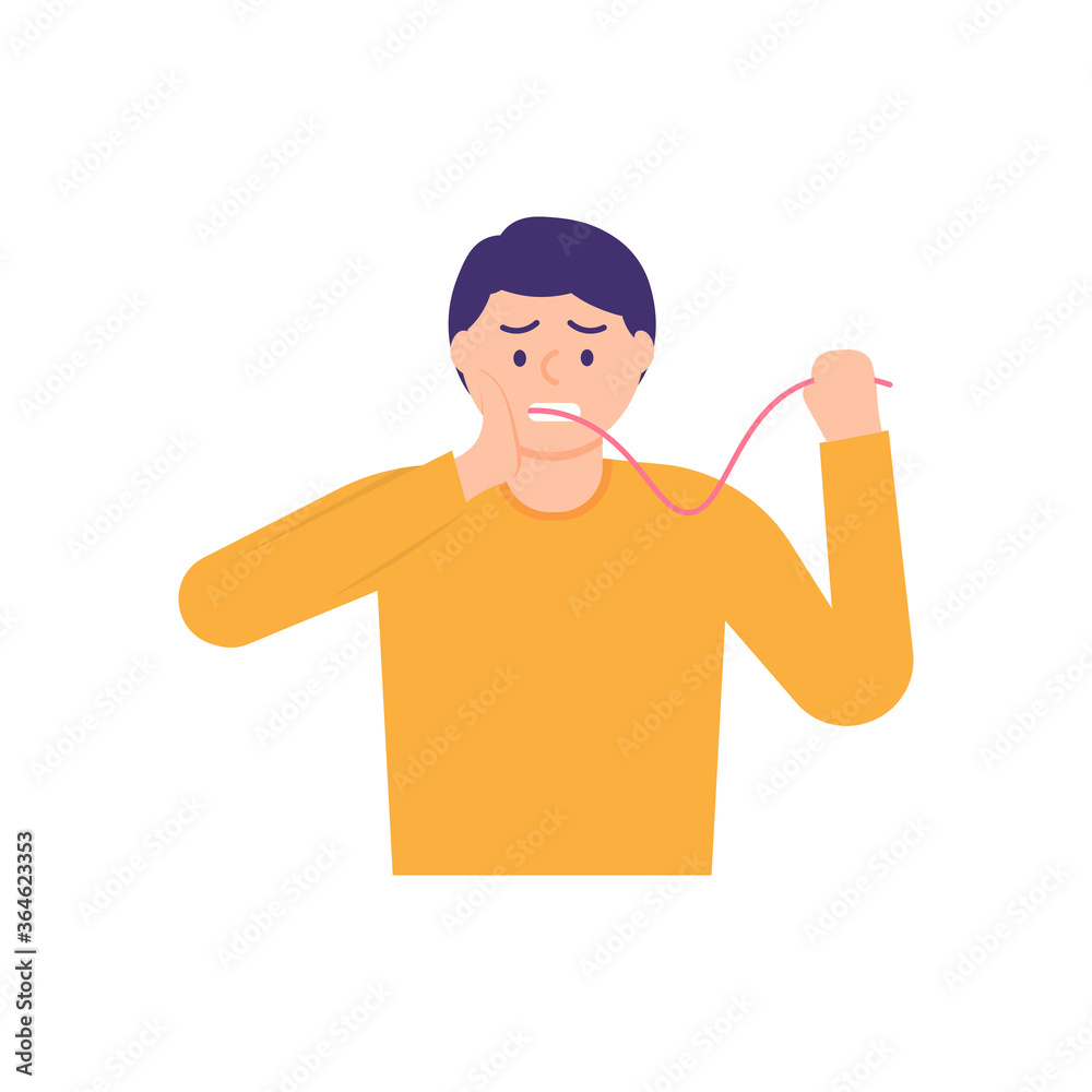 illustration of a man who was holding his cheek for toothache and tried to pull out his teeth with string or yarn. sick person. flat designs. can be used for elements, landing pages, UI, web sites.