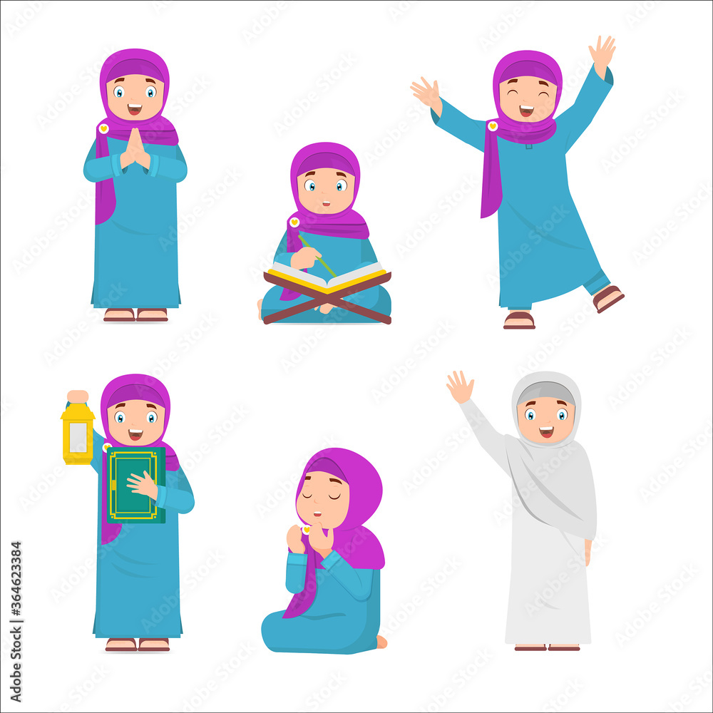 set of muslim girl reading Quran, Carrying Lanterns, Praying set of muslim girl reading Quran, Carrying Lanterns, Praying
