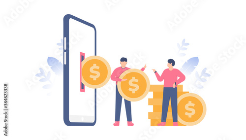 the concept of money-making applications, online piggy bank, money transfers. Illustration of coins coming out of the smartphone and collected by people. flat designs. can be used for elements