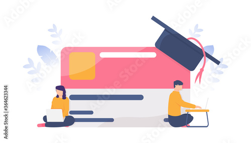 the concept of education guarantee, or education insurance. illustration of a person learning in front of a smart card and a toga hat. flat designs. can be used for elements, landing pages, UI, web