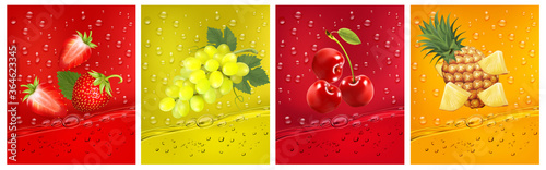 3d fresh fruits. Fresh fruits juice splashing together- pineapple, strawberry, cherry juice drink splashing. Vector illustration