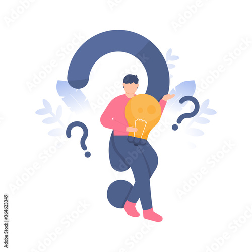 illustration of a man holding a light bulb in front of a question mark symbol.concept Frequently asked questions or FAQs, question marks around people, online support center. flat designs.