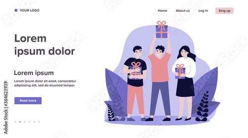 Smiling happy people holding gift boxes. Men and woman getting presents or prizes flat vector illustration. Holiday and lottery concept for banner, website design or landing web page