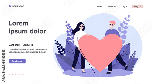 Visually impaired woman and man holding big heart. Romance, care, support flat vector illustration. Love and relationship concept for banner, website design or landing web page