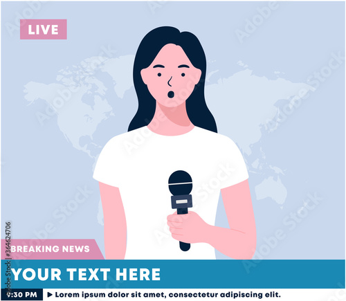 Newscaster woman reports breaking news. A woman holds a microphone in her hand. news reporter live on screen. Correspondent reports the news. A television. Media TV news. flat vector illustration.