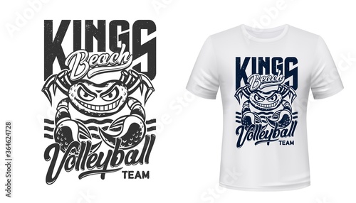Crab t-shirt print mockup, volleyball sport club vector sign. Beach Kings quote of volleyball sporting team with crab mascot for t shirt print