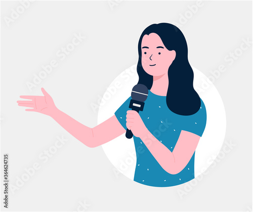 News reporter woman speaking on microphone. A woman holds a microphone in her hand. Business Woman Presentation with Hand Pointing. journalist, Singing, Show, flat vector illustration.