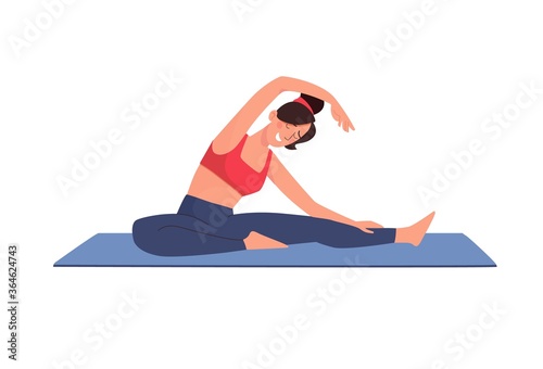Vector illustration of gymnastics. The girl goes in for sports on the mat. A slender woman tilts to the side, stretches. Isolated on white, flat style.