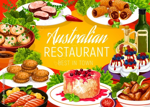 Australian cuisine food dishes, restaurant menu traditional food, vector meals. Australian lunch snacks and dinner menu veal meat, lamb in puff pastry, crumpled rosemary potatoes and rice pudding