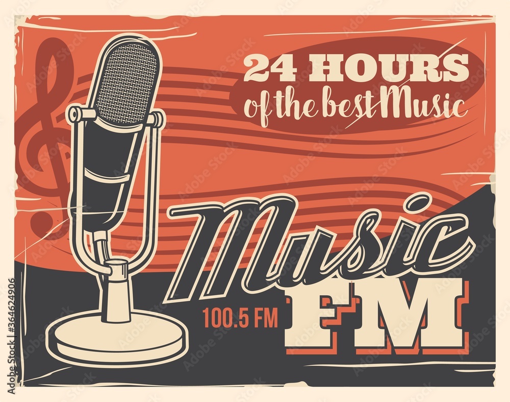 Radio broadcast poster, retro microphone of music studio podcast and FM  live sound station, vector. Live radio broadcasting and entertainment media  news, pop, rock and jazz, DJ on air vector de Stock