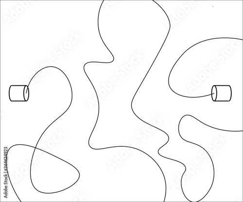 Cartoon style Telephone made from string and two tin cans. Black and white illustration with the string of the telephone running all over the image in spirals, zigzags, and squiggles. 