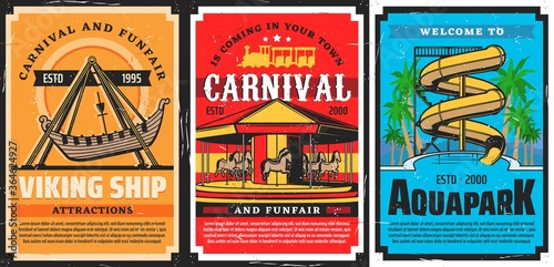 Fototapete Amusement park carousels, Viking ship and water slides, aquapark vector retro posters