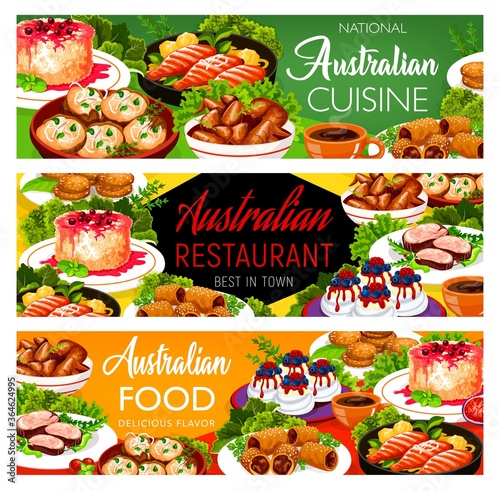 Australian cuisine food dishes and meals menu, vector Australia traditional restaurant. Australian chicken and fish food, veal meat and lamb in puff pastry, crumpled rosemary potatoes and rice pudding