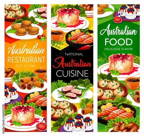 Australian cuisine food dishes, restaurant menu, Australia traditional meals, vector. Australian buffet veal meat, lamb in puff pastry, crumpled rosemary potatoes, rice pudding dessert and sandwiches