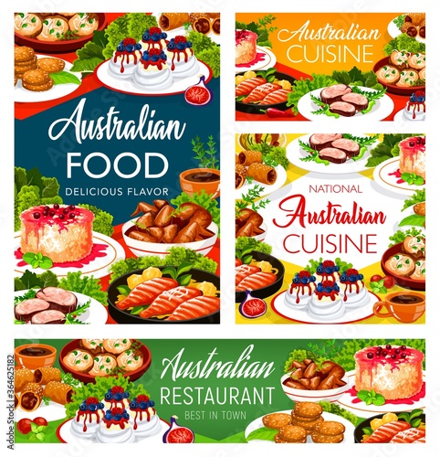 Australian cuisine food dishes, menu meals, Australia chicken and fish food, drinks, vector. Australian traditional Pavlova cake and Anzac cookies, veal meat, lamb in puff pastry and rice pudding