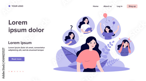 Woman suffering from mood changes. Female character feeling various emotions, celebrating, crying, getting distracted. Vector illustration for behavior disorder, stress, mental disease concept