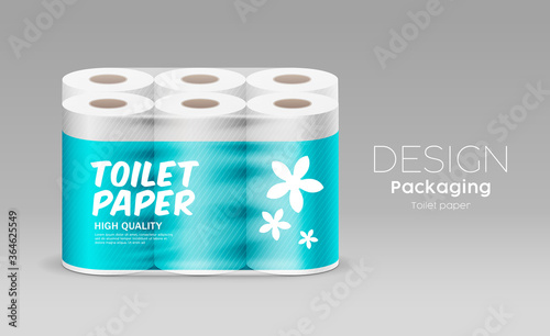 Plastic long roll toilet paper one package six roll, blue template and flower graphic design on gray background, vector illustration