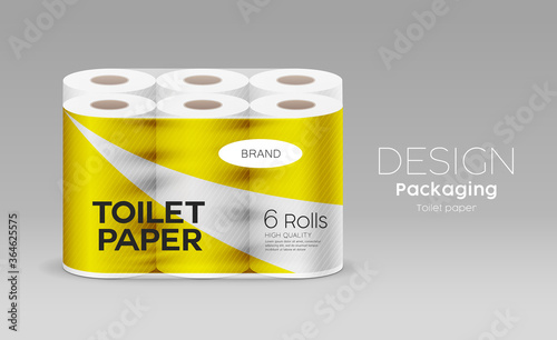 Plastic long roll toilet paper one package six roll, yellow design on gray background, vector illustration