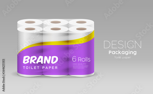 Plastic long roll toilet paper one package six roll, purple and yellow design on gray background, vector illustration