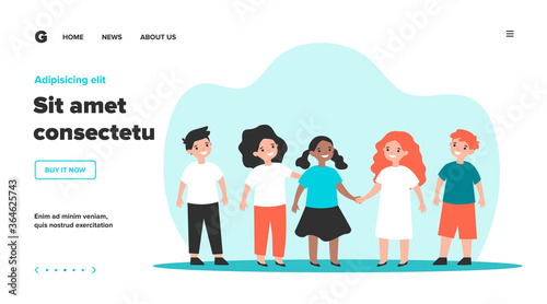 International friendship or multiethnic classmates concept. Diverse group of African American and Caucasian children playing together in kindergarten or school. Flat vector illustration