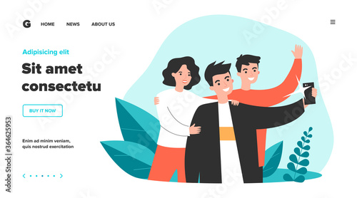 Selfie with friends flat vector illustration. Cartoon happy people smiling and taking group portrait photo. Friendship and technology concept