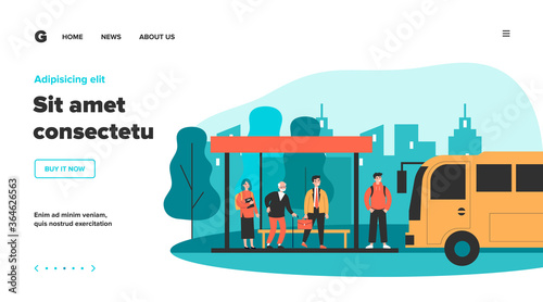 Passengers standing at bus stop. Businessman, senior man, student waiting vehicle. Vector illustration for city transportation, commuters, urban life concept