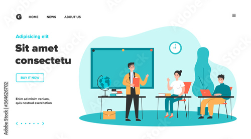 Happy school students sitting at desk in classroom. Girls and guys listening to lecture at college class. Vector illustration for audience, lesson, education, teacher job concept