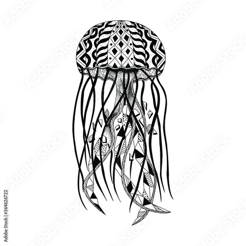 Medusa con líneas geométricas deformándose sus puntas. Estilo puntillismo y mandalas geométricas 
