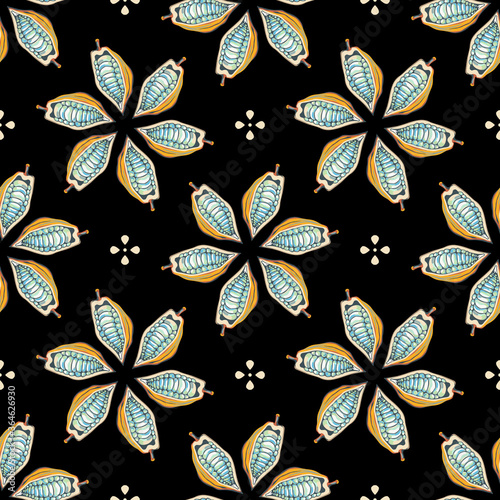 Seamless geometrical polka dot pattern with cocoa bean pods. Cartoon style.