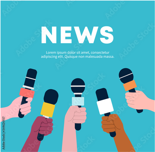 Hands holding microphones, set, taking speech interview, Concept for News, breaking news, journalist, Media, TV, information, broadcasting, mass and communication. flat Vector illustration.