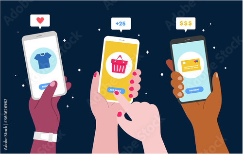 Hand holding phone, close-up. With Shopping basket, T-shirt, Card icon. Online shopping. Smartphone gestures set. Hands taking a selfie or making a picture, hands unlocking in the phone. Vector illust