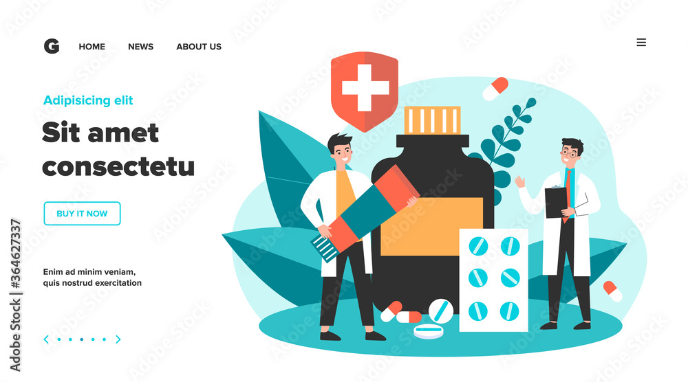 Doctor with prescription and pharmacist with ointment tube discussing treatment, pills and drug in drugstore. Vector illustration for pharmacy, medicine, medical checkout concept