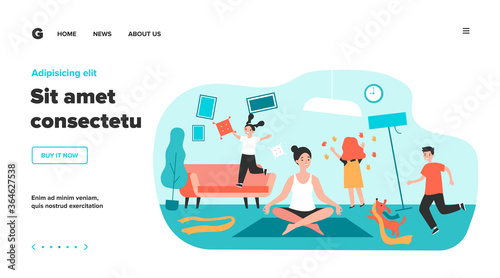 Hyperactive adorable children and pet making chaos in room. Calm mother keeping zen gesture and meditating. Vector illustration for mischievous kids, quarantine, motherhood concept