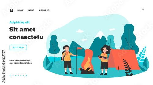 Scout kids camping in mountains. Happy children in uniform making fire near tent. Flat vector illustration for outdoor adventure, vacation, exploration concept