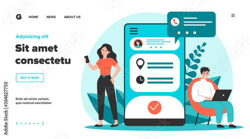 People using appointment business application. Man and woman planning meeting with online app. Vector illustration for internet technology, mobile calendar concept