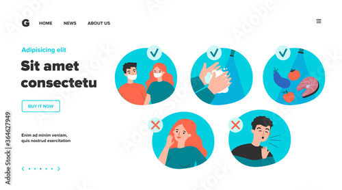 Coronavirus protection tips. People wearing masks, washing hands, coughing, suffering from flu symptoms. Vector illustration for 2019-ncov spreading, health, safety concept