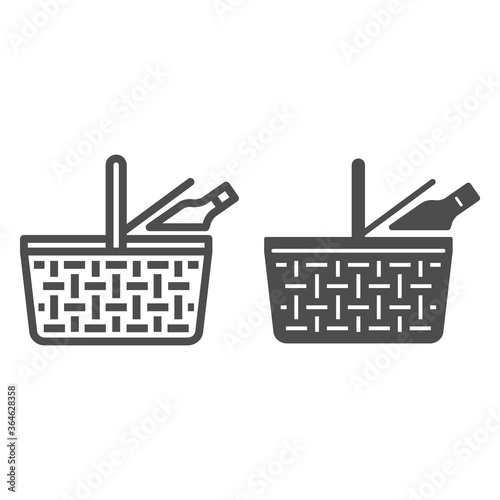 Food basket line and solid icon, picnic concept, picnic basket sign on white background, Wicker picnic basket with products icon in outline style for mobile concept and web design. Vector graphics.