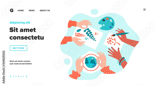 Diverse kids creating craftworks. Hands of children painting, scrapbooking, embroidering. Vector illustration for creative craft art, handmade work, workshop concept