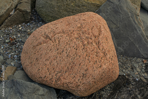 Glacial Eratic Beach Pinkish Sedimentary Rock Boulder. With Ice scrapes and water pitting. Geology with  Wendy Nuttall