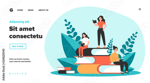People reading books. Students studying textbook, doing homework. Vector illustration for literature, library, learning at home, education, knowledge concept
